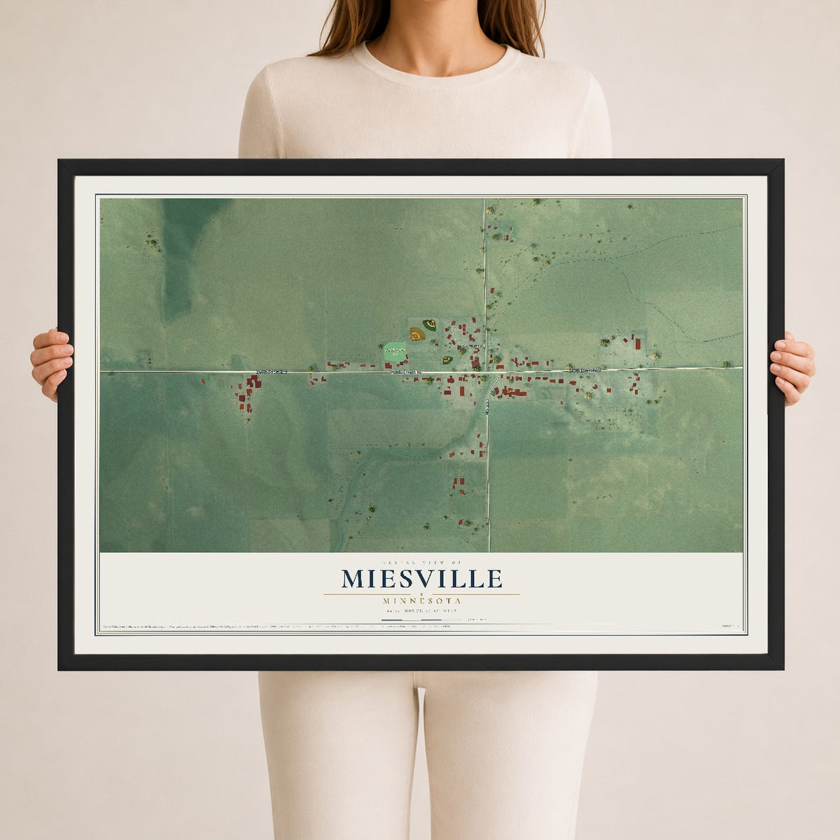 Map of Miesville, Minnesota, 24 x 36 inch print in a black wood frame