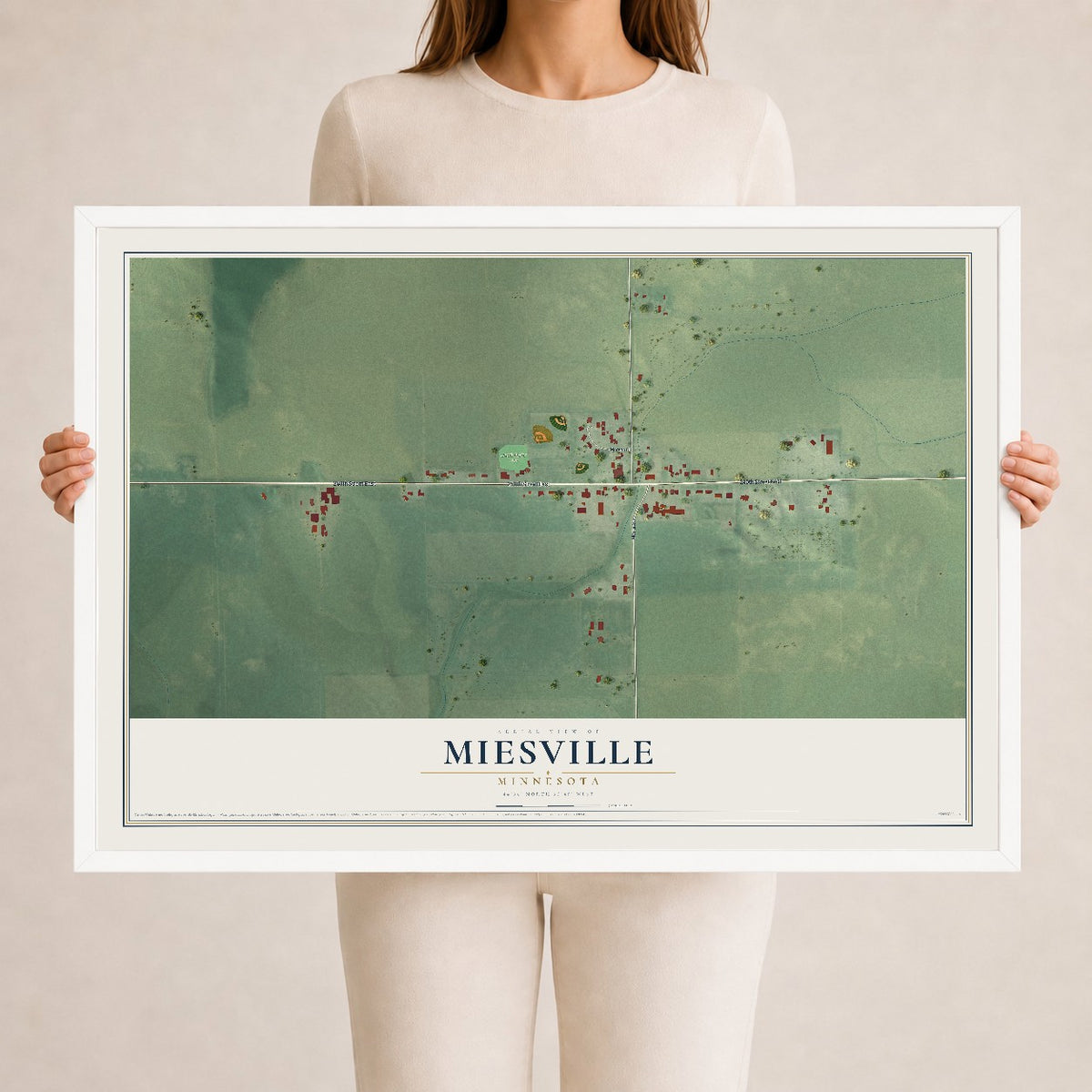 Map of Miesville, Minnesota, 24 x 36 inch print in a white wood frame
