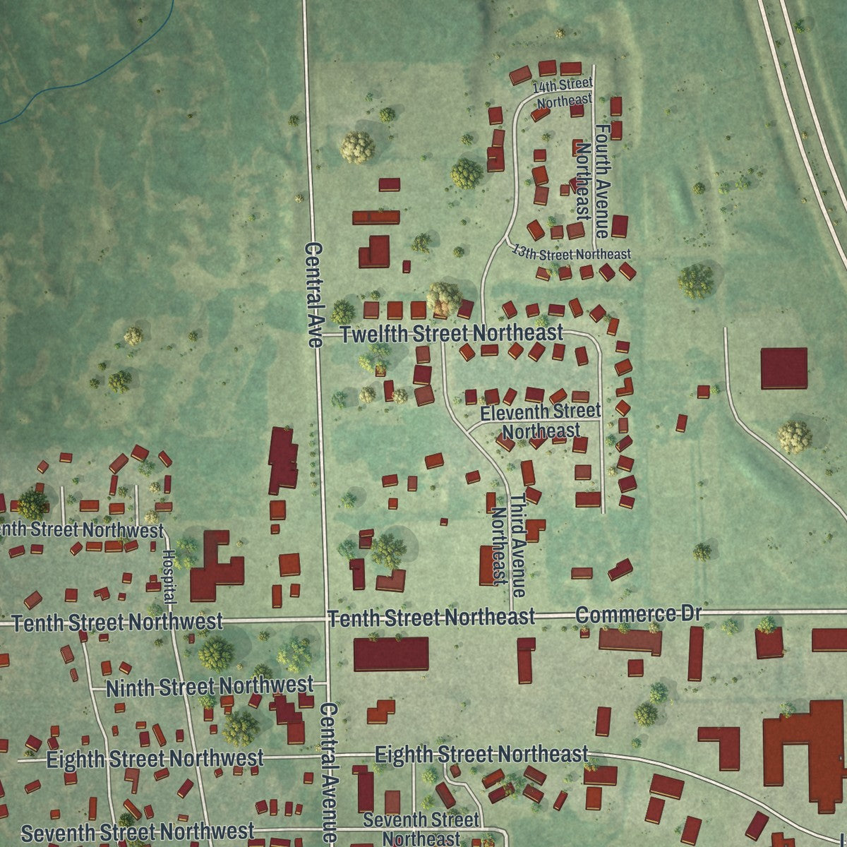 Second close-up of the map of Milaca, Minnesota print showing more streets and buildings