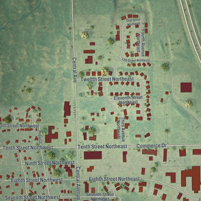 Second close-up of the map of Milaca, Minnesota print showing more streets and buildings