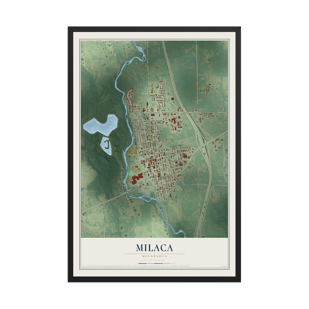 Map of Milaca, Minnesota, 12 x 18 inch print in a black wood frame