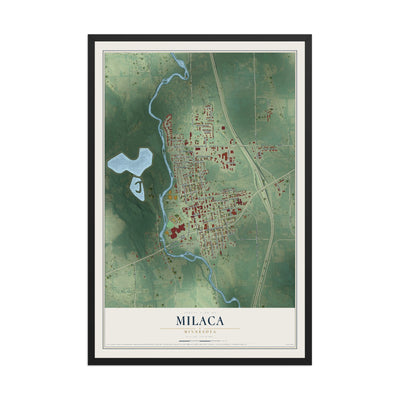 Map of Milaca, Minnesota, 12 x 18 inch print in a black wood frame