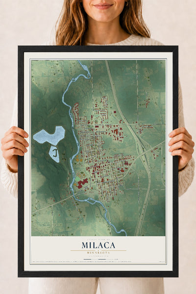 Map of Milaca, Minnesota, 18 x 24 inch print in a black wood frame