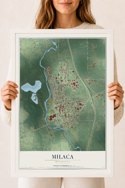 Map of Milaca, Minnesota, 18 x 24 inch print in a white wood frame
