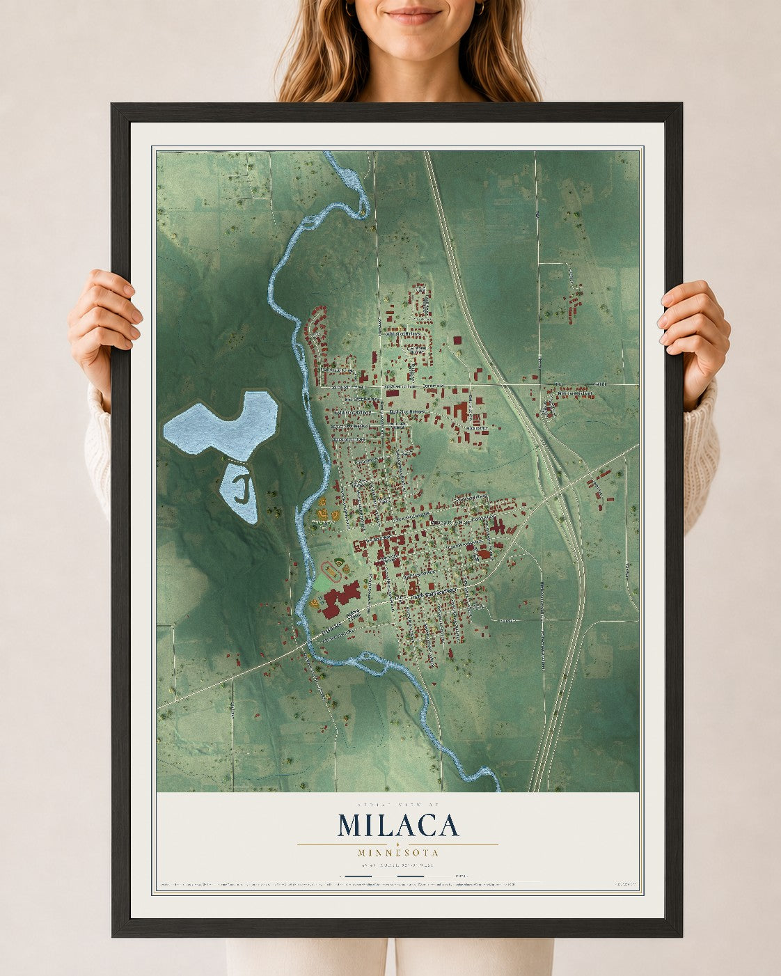 Map of Milaca, Minnesota, 24 x 36 inch print in a black wood frame