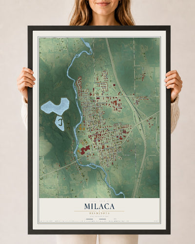 Map of Milaca, Minnesota, 24 x 36 inch print in a black wood frame