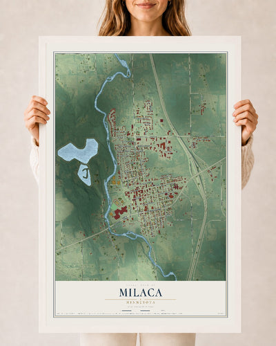 Map of Milaca, Minnesota, 24 x 36 inch print in a white wood frame
