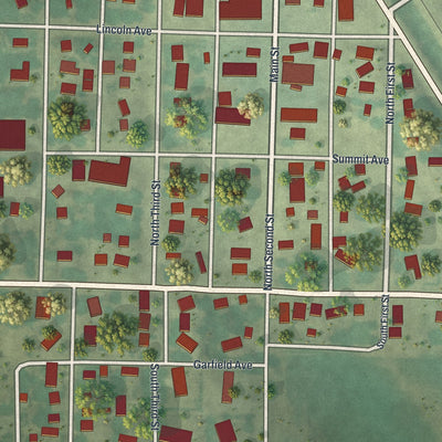 Close-up of the map of Milan, Minnesota print showing street and building detail