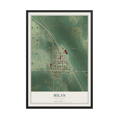 Map of Milan, Minnesota, 12 x 18 inch print in a black wood frame