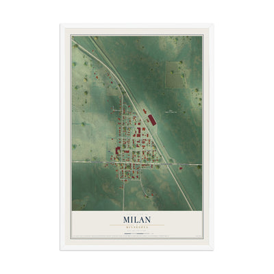 Map of Milan, Minnesota, 12 x 18 inch print in a white wood frame