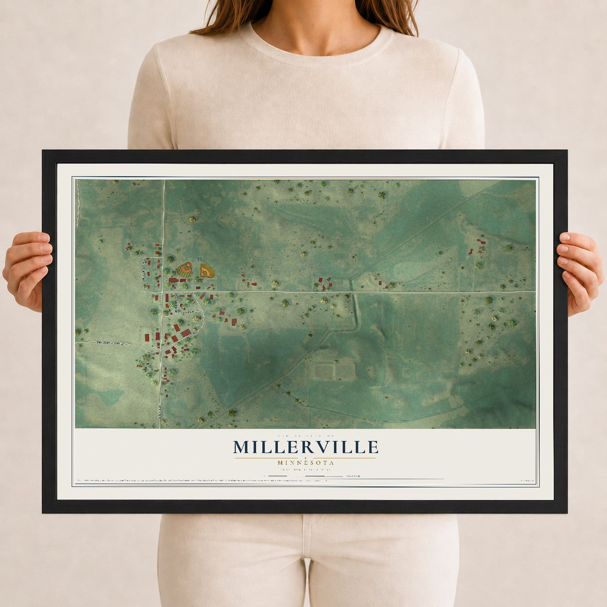 Map of Millerville, Minnesota, 12 x 18 inch print in a black wood frame