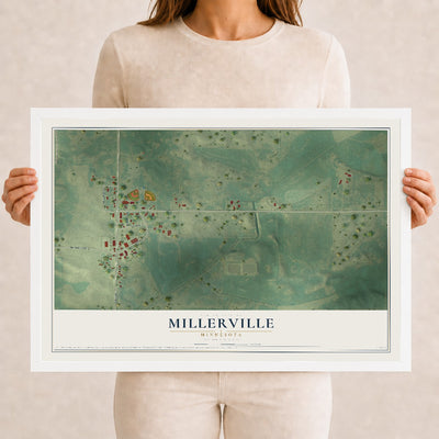 Map of Millerville, Minnesota, 12 x 18 inch print in a white wood frame
