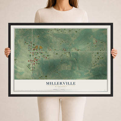 Map of Millerville, Minnesota, 24 x 36 inch print in a black wood frame