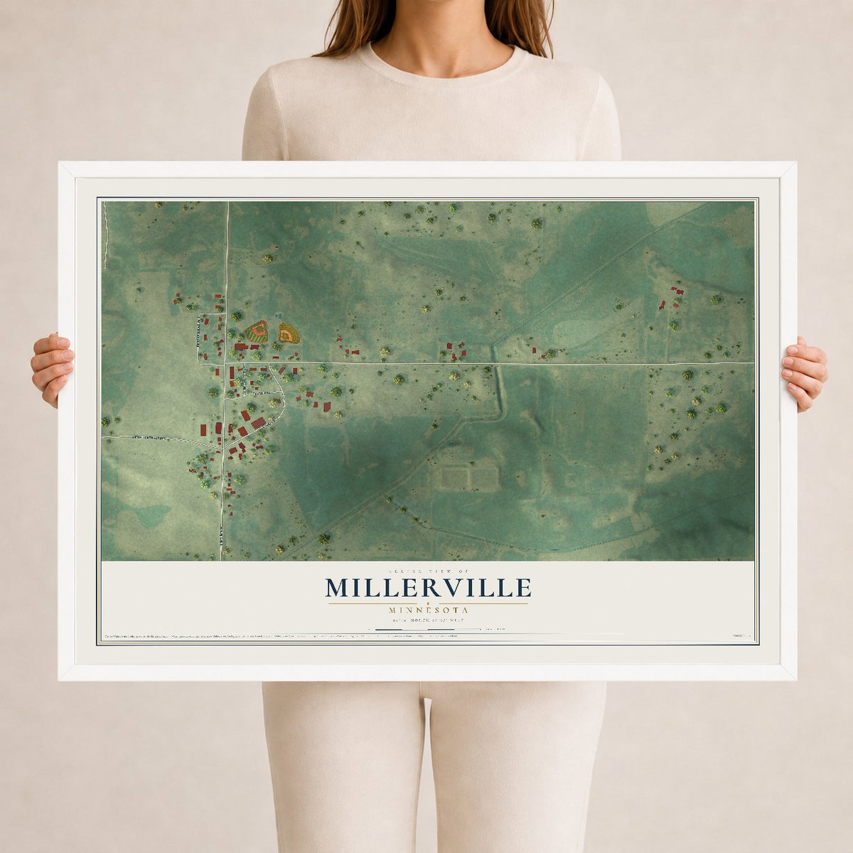 Map of Millerville, Minnesota, 24 x 36 inch print in a white wood frame