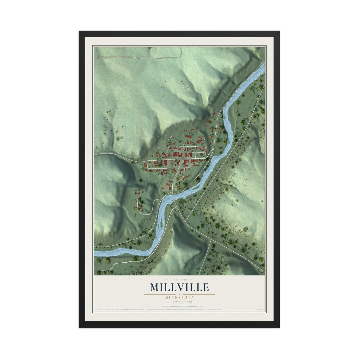 Map of Millville, Minnesota, 12 x 18 inch print in a black wood frame
