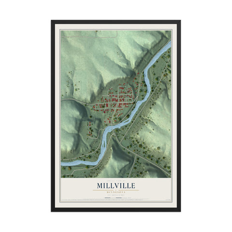 Map of Millville, Minnesota, 12 x 18 inch print in a black wood frame