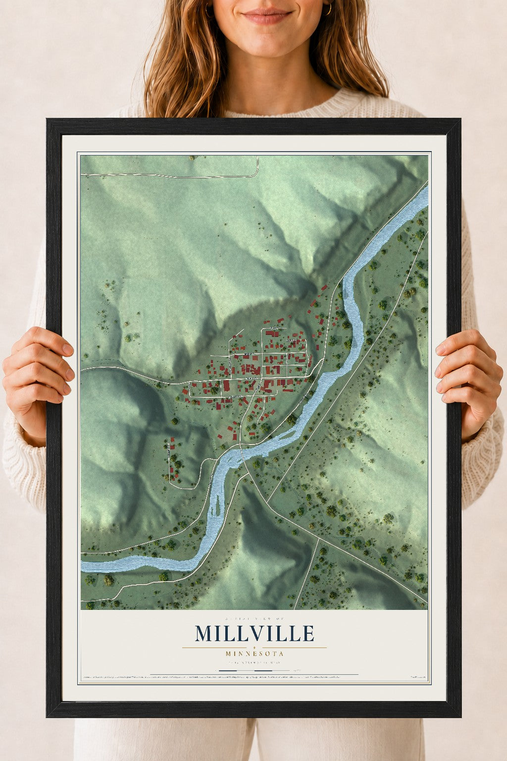 Map of Millville, Minnesota, 18 x 24 inch print in a black wood frame