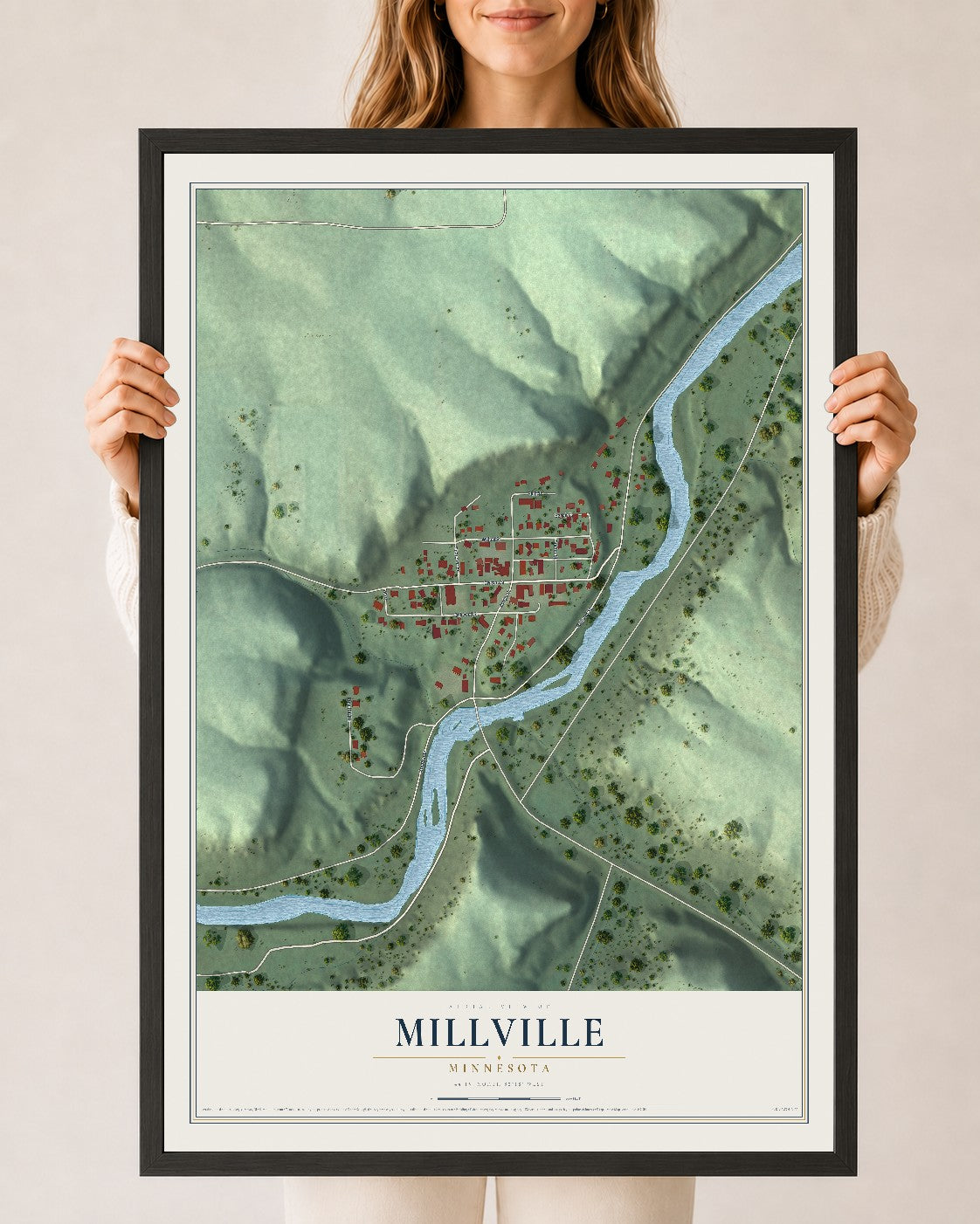 Map of Millville, Minnesota, 24 x 36 inch print in a black wood frame
