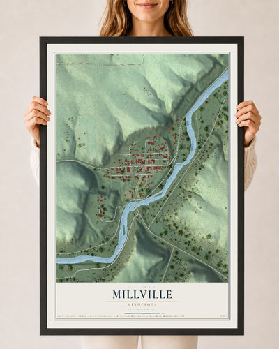 Map of Millville, Minnesota, 24 x 36 inch print in a black wood frame