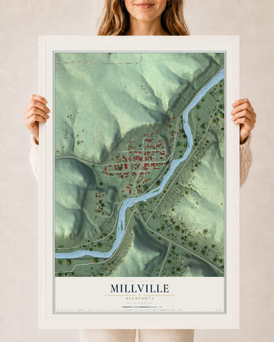 Map of Millville, Minnesota, 24 x 36 inch print in a white wood frame