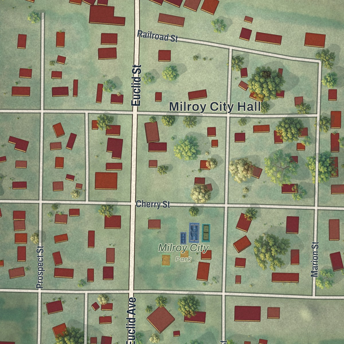 Close-up of the map of Milroy, Minnesota print showing street and building detail