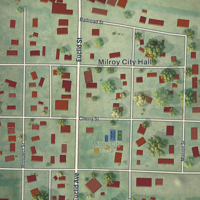 Close-up of the map of Milroy, Minnesota print showing street and building detail
