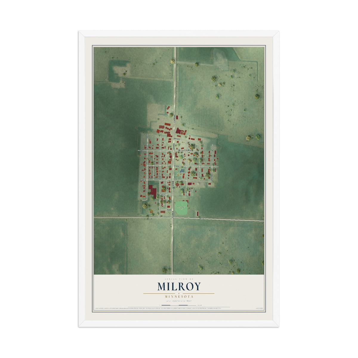 Map of Milroy, Minnesota, 12 x 18 inch print in a white wood frame