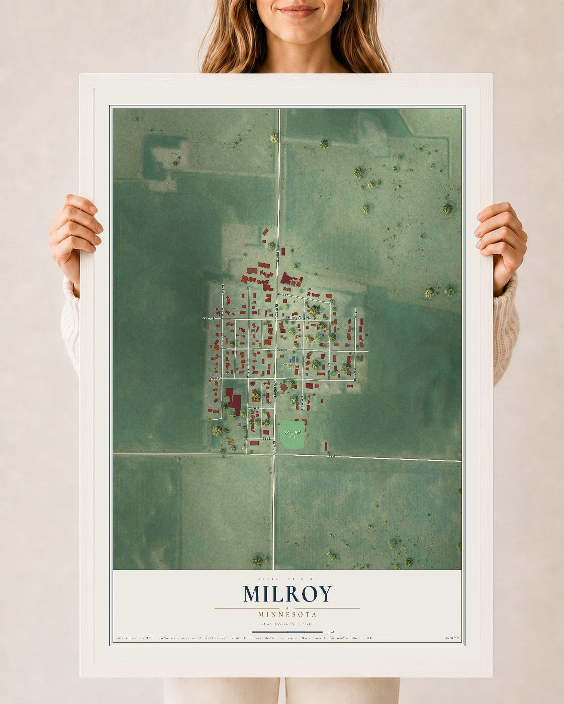 Map of Milroy, Minnesota, 24 x 36 inch print in a white wood frame