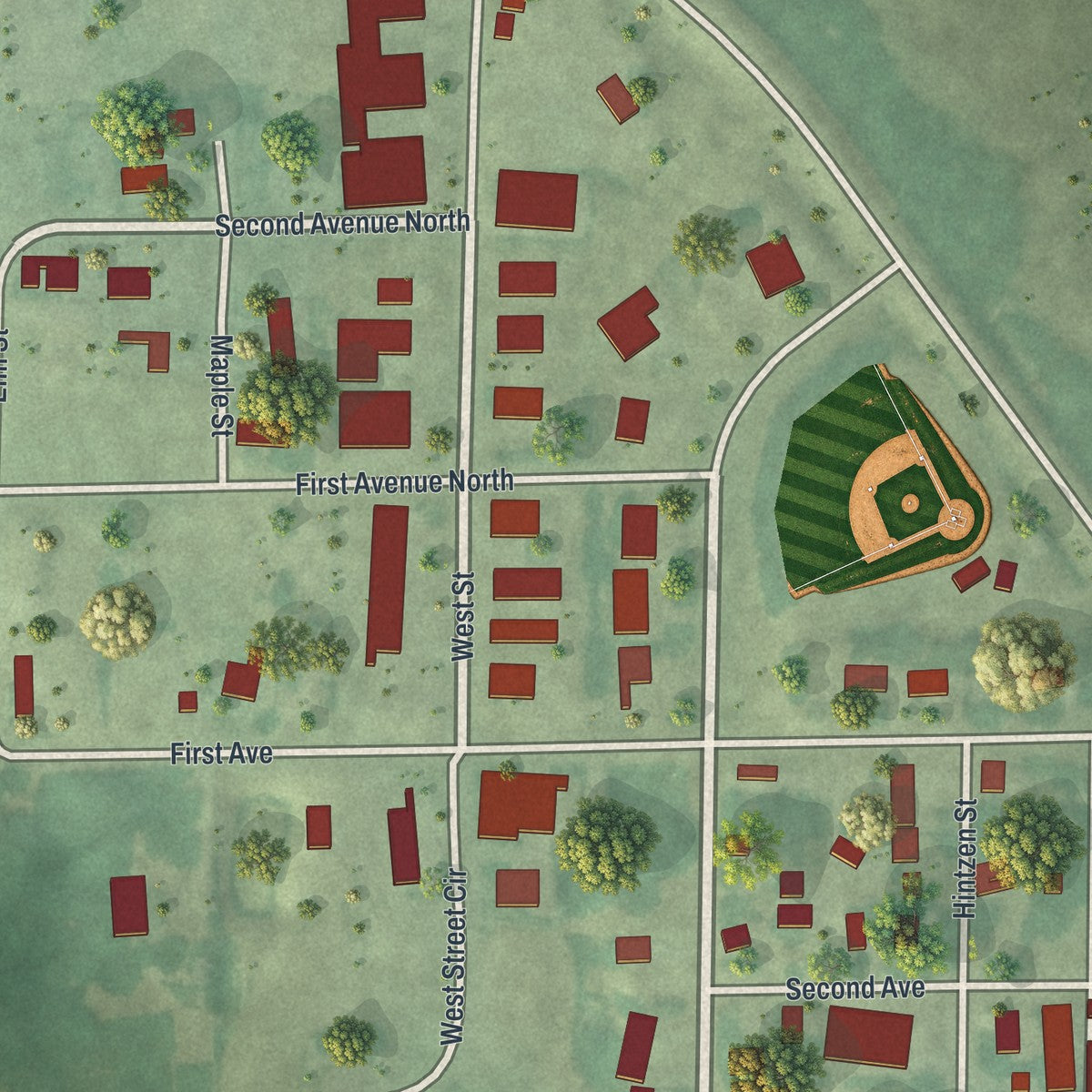 Close-up of the map of Miltona, Minnesota print showing street and building detail