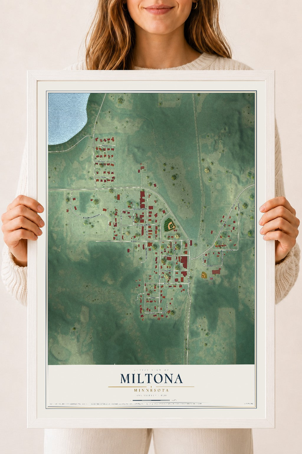 Map of Miltona, Minnesota, 18 x 24 inch print in a white wood frame