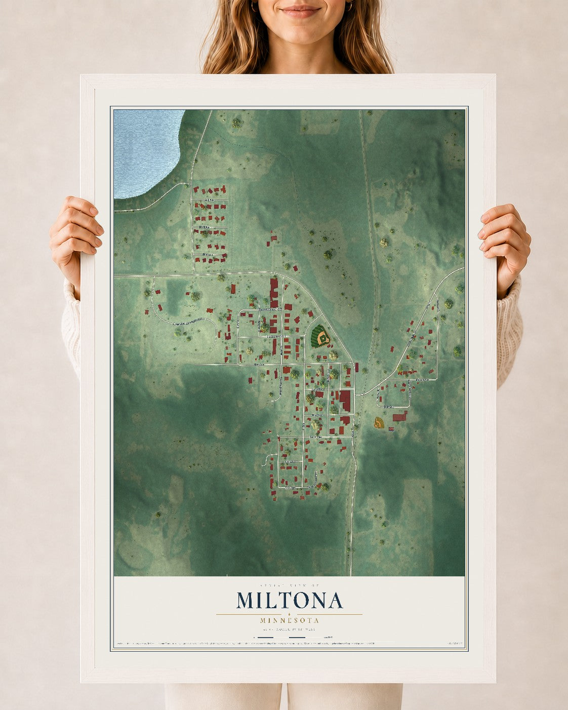 Map of Miltona, Minnesota, 24 x 36 inch print in a white wood frame