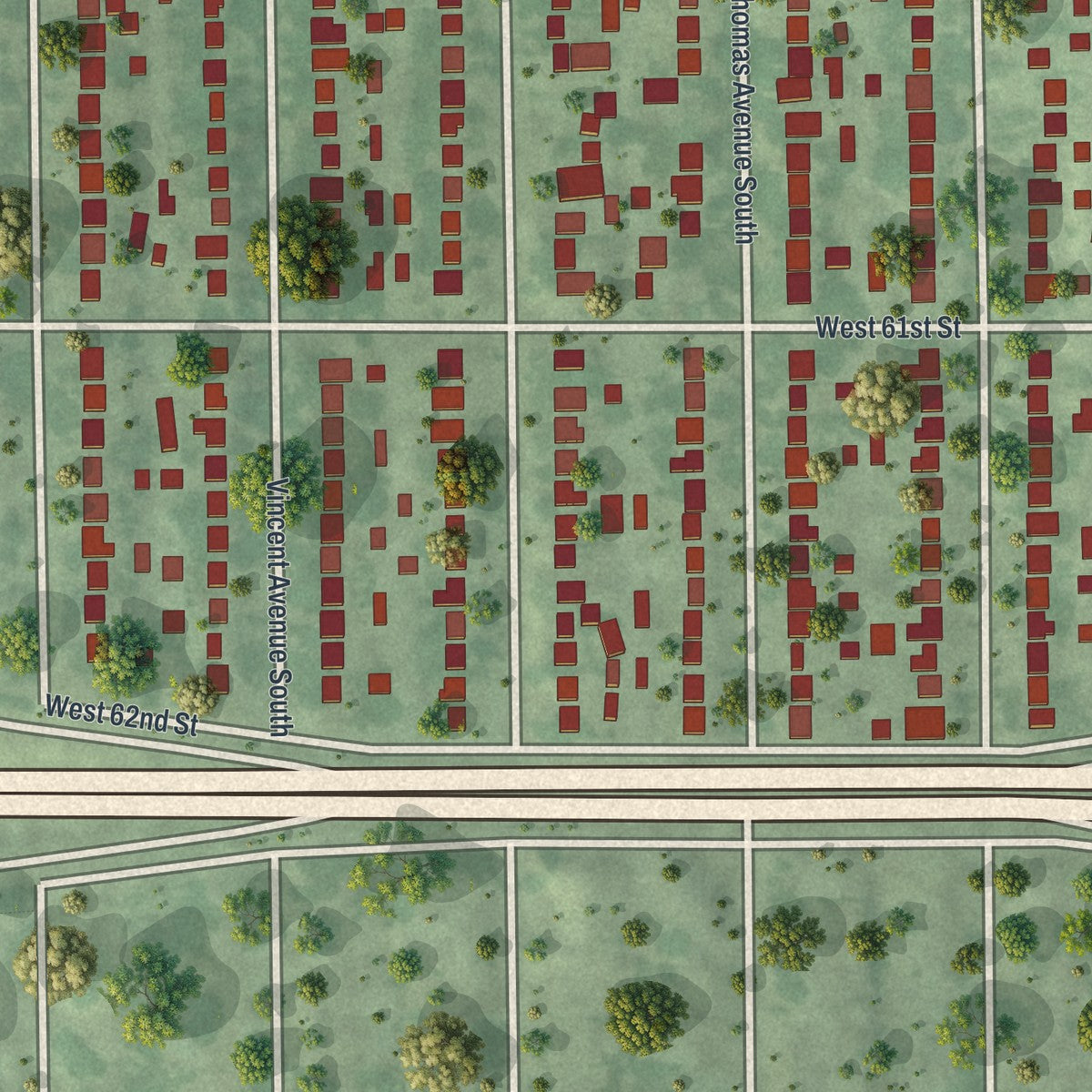 Close-up of the map of Armatage, Minnesota print showing street and building detail