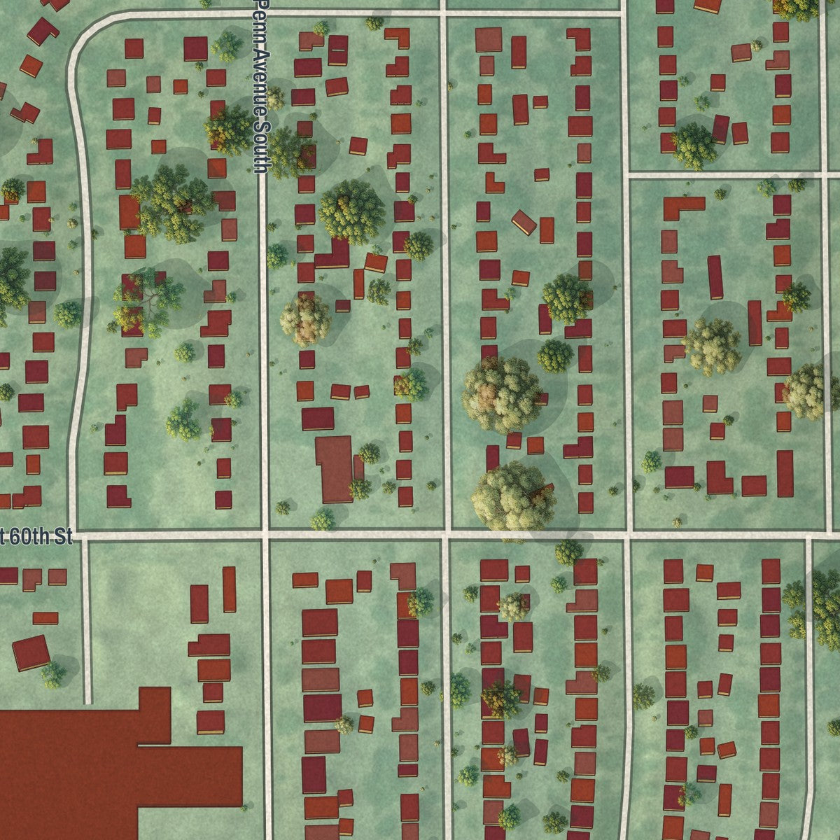 Second close-up of the map of Armatage, Minnesota print showing more streets and buildings