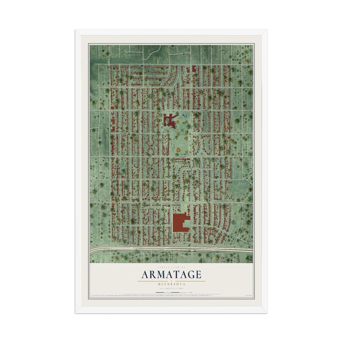 Map of Armatage, Minnesota, 12 x 18 inch print in a white wood frame