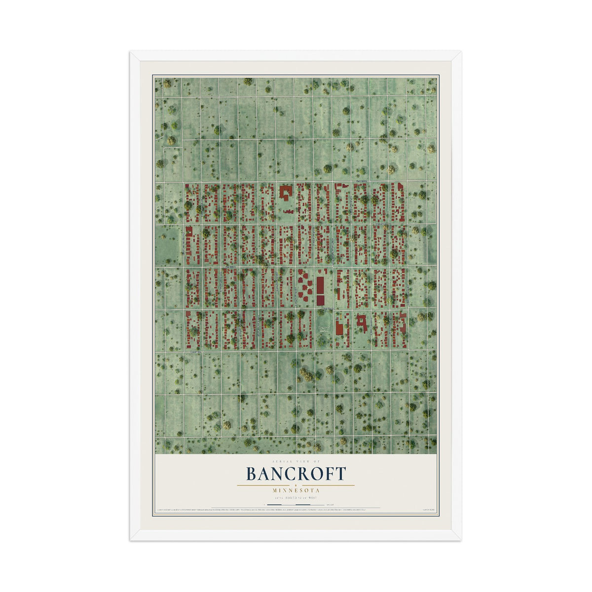 Map of Bancroft, Minnesota, 12 x 18 inch print in a white wood frame