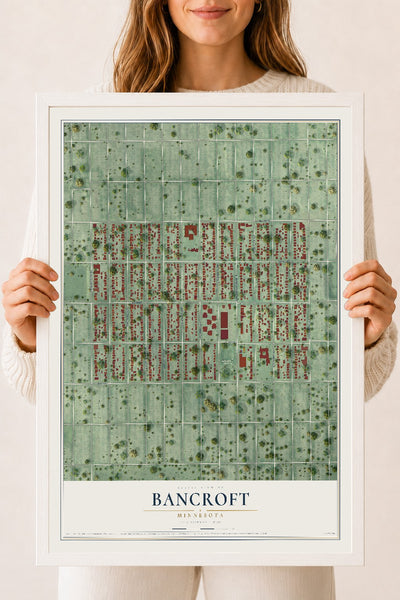 Map of Bancroft, Minnesota, 18 x 24 inch print in a white wood frame