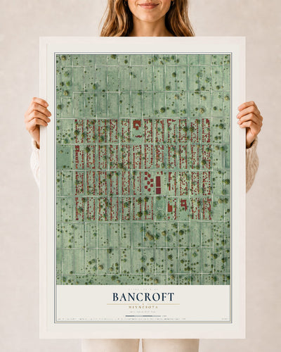 Map of Bancroft, Minnesota, 24 x 36 inch print in a white wood frame