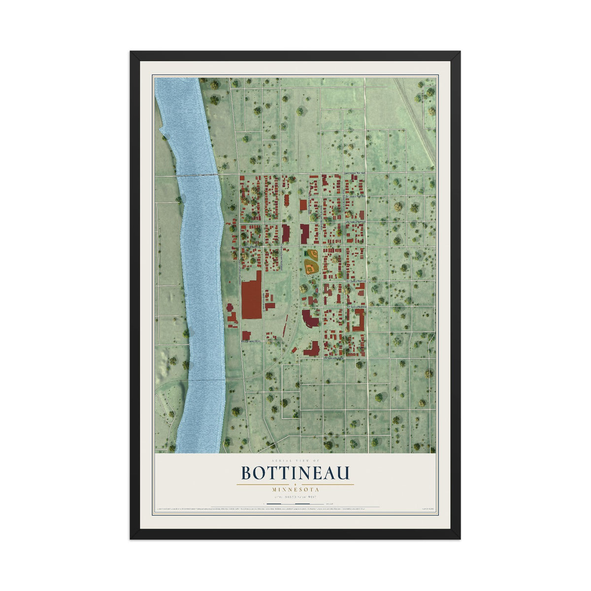 Map of Bottineau, Minnesota, 12 x 18 inch print in a black wood frame