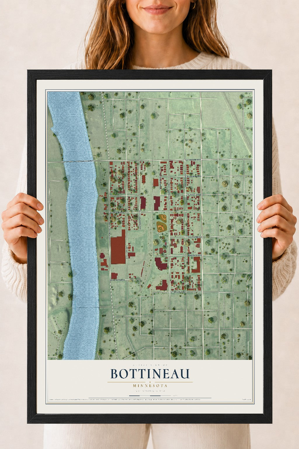 Map of Bottineau, Minnesota, 18 x 24 inch print in a black wood frame