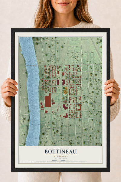 Map of Bottineau, Minnesota, 18 x 24 inch print in a black wood frame