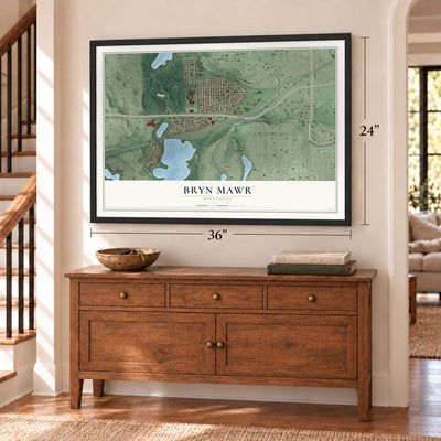 Bryn Mawr, Minnesota map, 24 x 36 inch print in a black frame above a dresser by a staircase