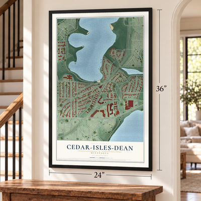 Cedar-Isles-Dean, Minnesota map, 24 x 36 inch print in a black frame by a staircase