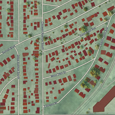 Close-up of the map of Cedar-Isles-Dean, Minnesota print showing street and building detail