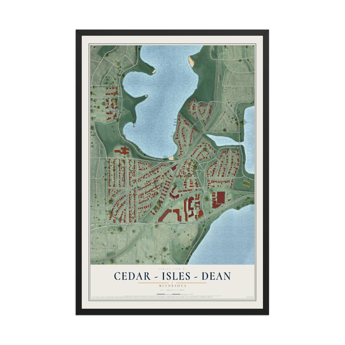 Map of Cedar - Isles - Dean, Minnesota, 12 x 18 inch print in a black wood frame