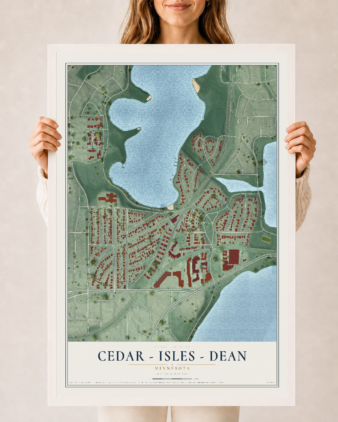 Map of Cedar - Isles - Dean, Minnesota, 24 x 36 inch print in a white wood frame