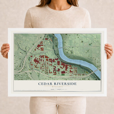 Map of Cedar Riverside, Minnesota, 12 x 18 inch print in a white wood frame