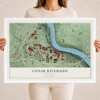Map of Cedar Riverside, Minnesota, 18 x 24 inch print in a white wood frame
