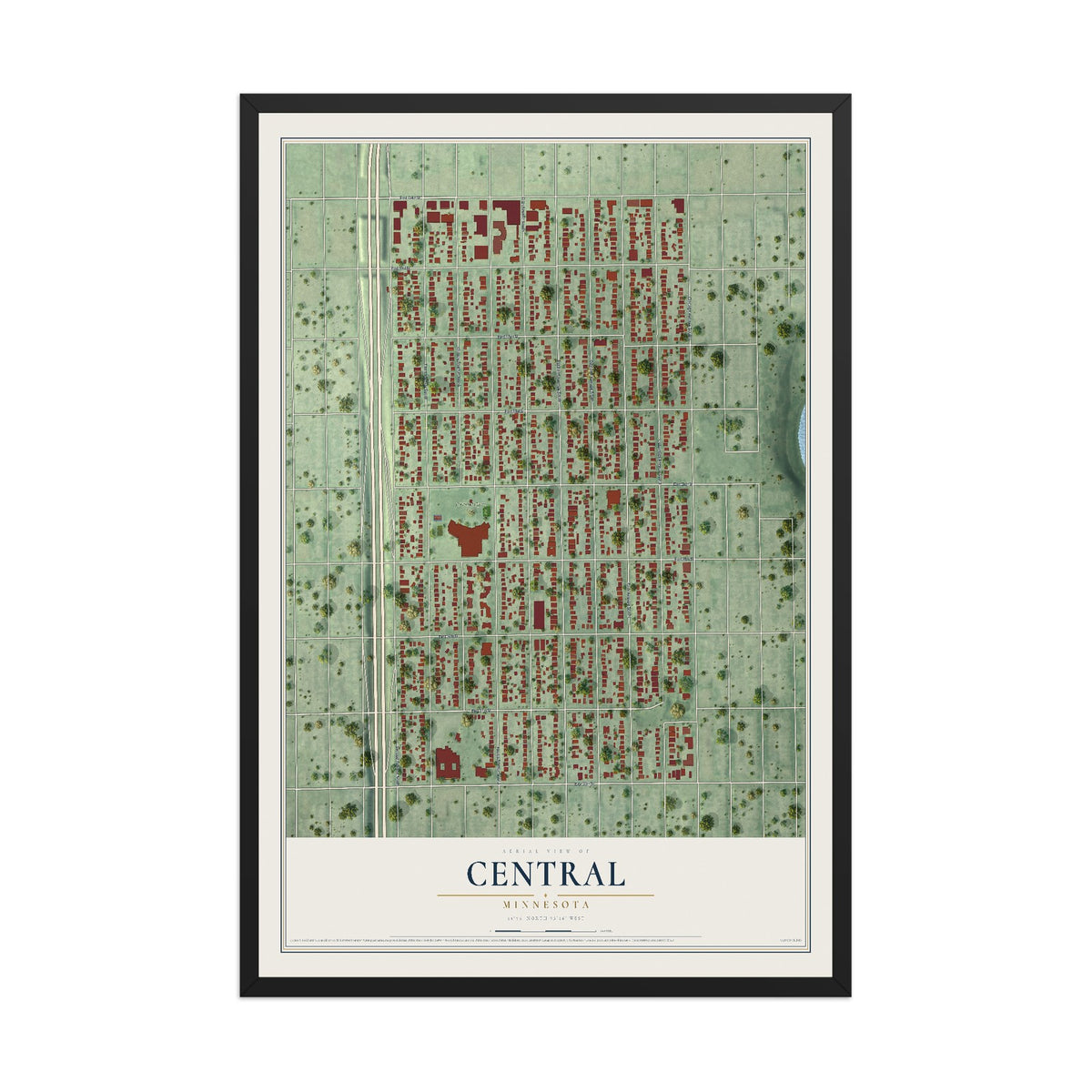 Map of Central, Minnesota, 12 x 18 inch print in a black wood frame