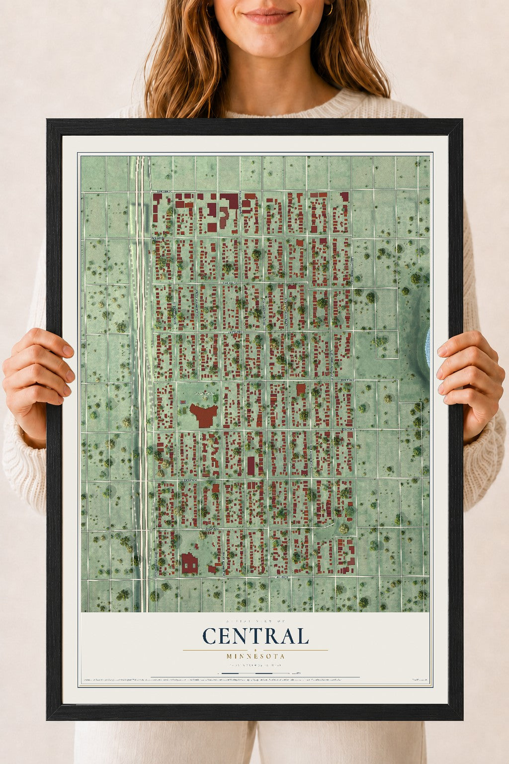 Map of Central, Minnesota, 18 x 24 inch print in a black wood frame