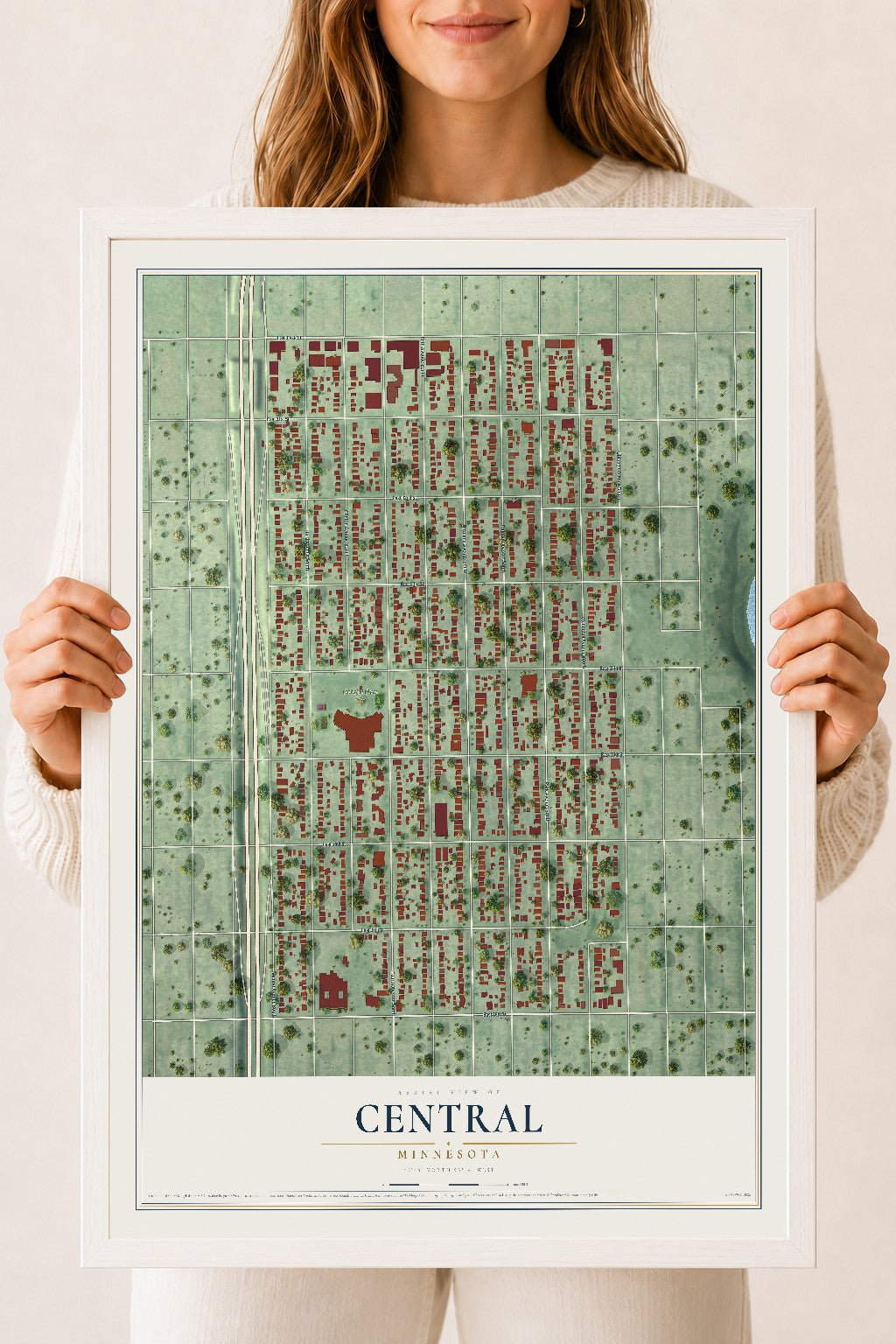 Map of Central, Minnesota, 18 x 24 inch print in a white wood frame
